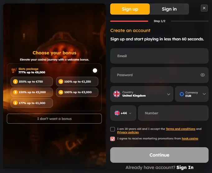 hook casino sign up